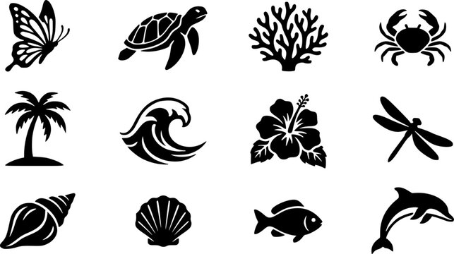Tropical Beach and Marine Life Icon Set Featuring Butterfly, Dragonfly, Crab, Sea Turtle, Shells, Coral, Ocean Wave and Exotic Flower Silhouettes
