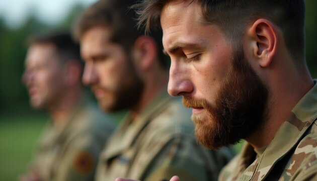 Military soldiers stand together in green camouflage uniforms outdoors. Bearded men close eyes with serious faces for silent prayer session. Armed forces personnel practice spiritual meditation,