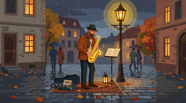 2D Flat Vector Street musician plays saxophone in the rain on an autumn evening