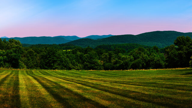 New England panoramic summer sunset landscape along Green Mountain National Forest in Greater Burlington, Addison County, Vermont, USA