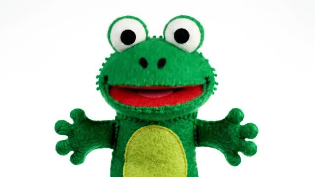 Cheerful green felt puppet frog with large eyes and open mouth smiles and welcomes with outstretched arms
