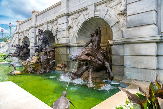 Court Of Neptune Fountain Bronze Hippocamps At Library Of Congress In Washington DC USA