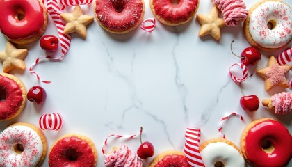 Red, white donuts with star cookies plus cherry fruits form border on white marble table. Flat lay style composition includes sweets arranged for US patriotic celebration background. Bakery food