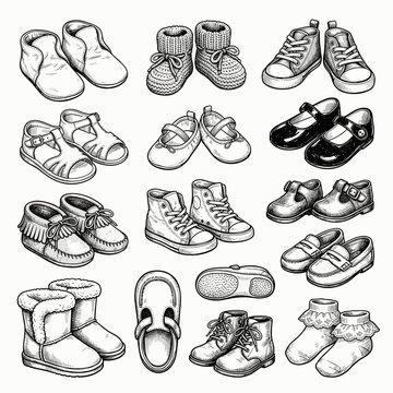Hand drawn baby shoe illustration set, black ink sketch of infant bootie and sneaker, isolated on white background