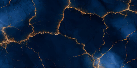 An abstract background with deep blue and striking golden veins resembling a cracked marble surface. © mehek