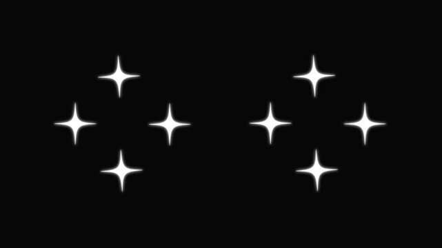 Retro shine movement with white glowing twinkle star animation, cartoon doodle sparkles, magical glitter explosion, blinking light effects, seamless loop celebration overlay on black screen, 4k video