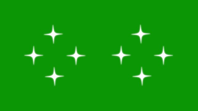 Retro shine movement with white glowing twinkle star animation, cartoon doodle sparkles, magical glitter explosion, blinking light effects, seamless loop celebration overlay on green screen, 4k video