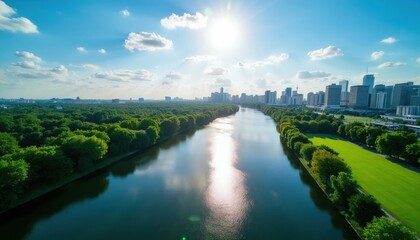 Fototapeta premium Aerial view of river flowing through green city park under bright sun. Modern skyscrapers rise above forest trees near blue water canal in urban area. Tall buildings skyline reflect sunlight along