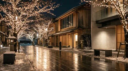 Fototapeta premium Illuminated Winter Street at Night in Japan