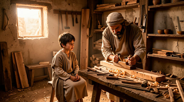 Young Jesus watching Joseph work in a carpentry workshop. Biblical scene of a humble family in Nazareth. Historical religious depiction