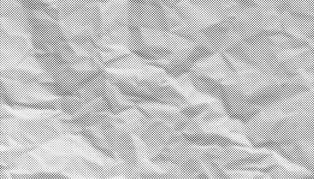 Abstract halftone paper texture with wrinkled surface and soft distressed effect. Monochrome folded background inspired by vintage print techniques.