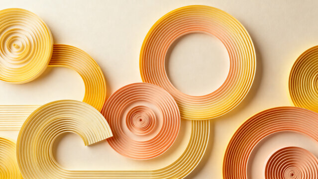 Minimalist paper quilling art, abstract swirling geometric patterns in soft pastel tones of yellow and peach