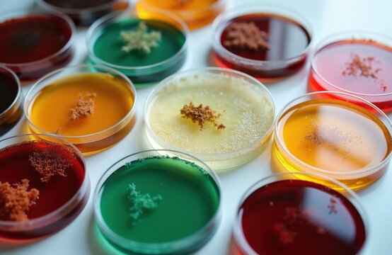 Top view of petri dishes with colorful agar media contain bacterial growth. Lab glassware set with samples of microorganisms for science research in clinical medicine. Microbes, fungi colonies