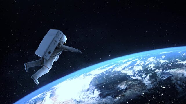 4K animation of an astronaut floating in outer space above Earth, showcasing space exploration, orbit, science and the beauty of our planet.