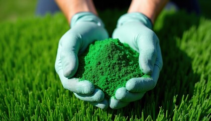 Obraz premium Worker hands in gloves hold pile of green rubber granules for artificial grass surface. Maintenance expert checks infill material quality for lawn installation. Pro landscaping technician works on