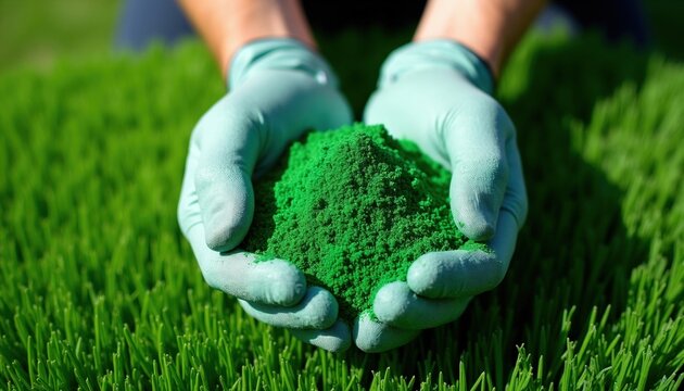 Worker hands in gloves hold pile of green rubber granules for artificial grass surface. Maintenance expert checks infill material quality for lawn installation. Pro landscaping technician works on
