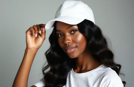 Black woman wears white baseball cap and t-shirt. She poses with hand on cap brim. Studio portrait shows her natural look and flawless skin.