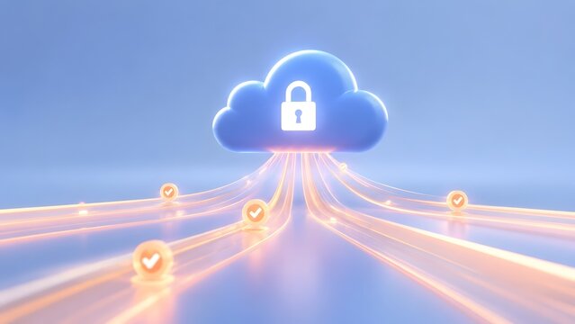 Fast Secure Data Transfer Concept with 3D Cloud Padlock and Glowing Light Trails with Verified Checkmarks