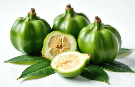 Green garcinia cambogia fruits with green leaves on white surface. Whole round tropical plant specimens sit next to sliced halves showing inner pulp texture plus seeds. Natural organic raw ingredient