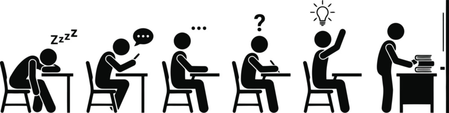 Classroom student behavior icons showing diverse learning attitudes and academic engagement levels isolated on transparent background