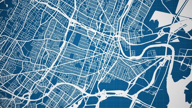 Ink reveal animation of Newark city, New Jersey (NJ), United States of America, grid map. Aerial top view. Blueprint style. White lines with blue background. 4K Seamless loop.