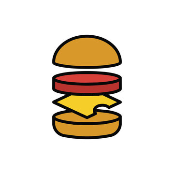 Exploded view cartoon hamburger icon with bun, tomato, and cheese slice