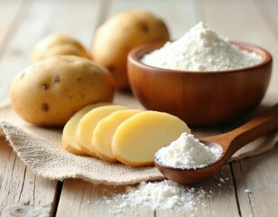 Fototapeta premium Raw whole potatoes lie near sliced pieces, potato starch in wooden bowl. Spoon holds powder on linen cloth. Natural organic vegetables sit on rustic table surface. Fresh root produce for gluten free