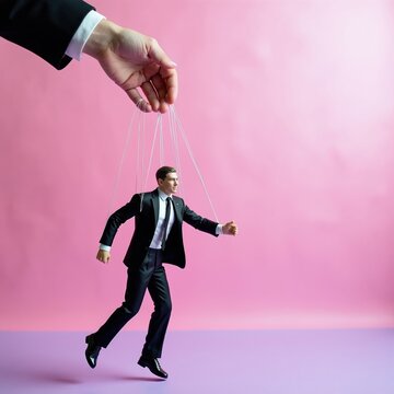 Giant hand holds strings attached to walking man in business suit. Conceptual imagery shows male marionette doll controlled by unseen master on pink background. Professional corporate puppet reflects