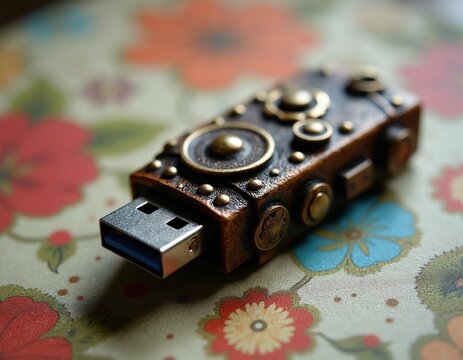 Steampunk style USB flash drive sits on retro floral surface. Metallic antique memory stick features decorative brass gears rivets, mechanical details. Vintage computer accessory design merges old