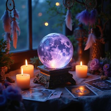 Glowing crystal sphere containing luminous full moon sits on ornate altar stand. Burning candles illuminate tarot cards, dreamcatchers with feathers. Esoteric spiritual scene provides mystical