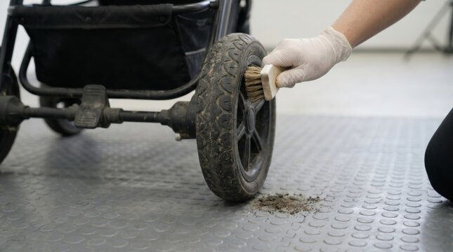 Gloved hand using a wooden wire brush to clean mud off a black stroller wheel