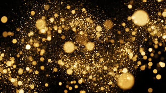 Abstract golden glowing bokeh particles on black background.