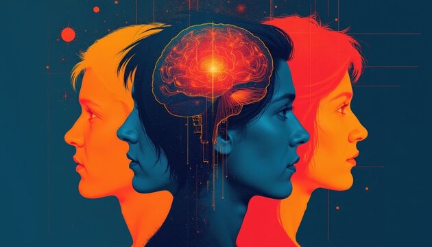 Three heads in profile with abstract brain illustration. Criminal mind analysis and psychology concept. Emotional state exploration, mental health and behavior study.