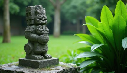 Fototapeta premium Old stone statue stands in green garden park. Ancient carved deity sculpture with ornate pattern sits on pedestal. Tropical foliage plants, grass surround historical monument. Outdoor cultural art