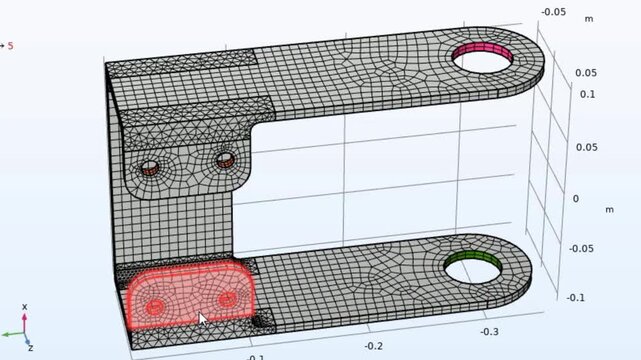Video animation of engineering 3d modeling of
metal bracket with rotation using computer 
aided design system with grid. 
Technic education cad analysis of steel mechanical part with hole. 
