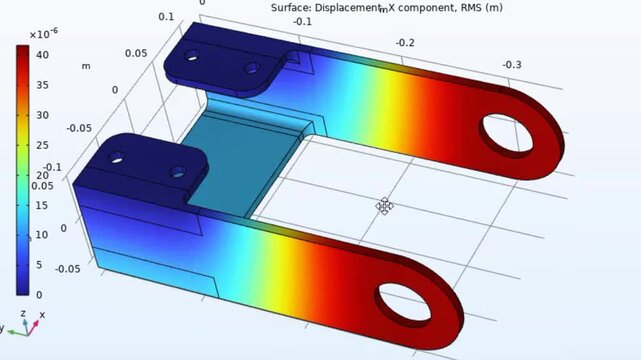 Video animation of computer 3d modeling of
metal bracket with rotation. 
Thermal cad analysis. Investigation of temperature 
distribution on surface of steel mechanical part.
Color graph of solids.