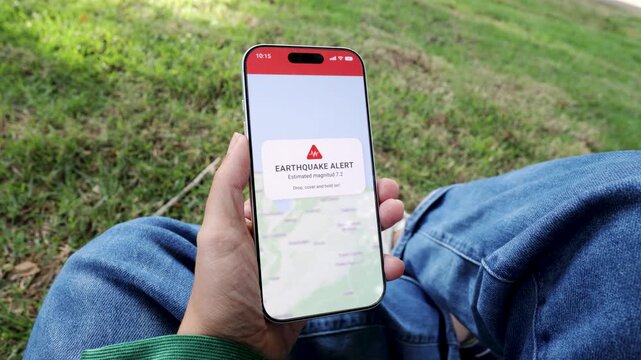 Person using earthquake app on mobile phone for real-time emergency alert - High magnitude warning