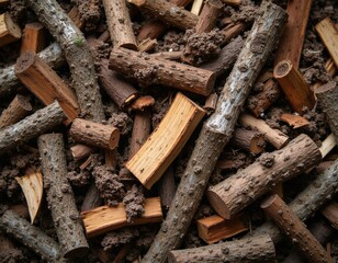 Fototapeta premium Top view of brown wood chips mixed with soil earth for gardening. Dry small tree branches, pieces of timber mulch provide organic fertilizer. Sustainable agriculture material for plant growth in
