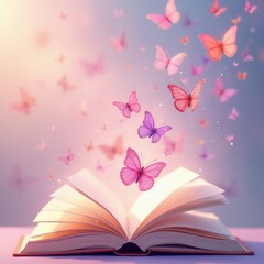 Many colourful butterflies fly above open paper book. Magic swarm of insects rise from pages in soft pastel light. Whimsical fairy tale scene shows literary fantasy world. Creative concept of © Vadym