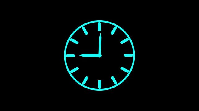 Simple Cyan Analog Clock Animation on Black Background with Clean Modern Time Icon, Minimal Flat Clock Face Motion Graphic, Seamless Loop for Business Presentation, and Digital Backgrounds.