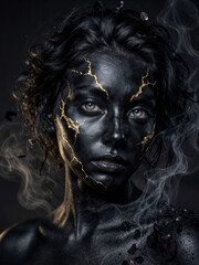 Obraz premium detailed portrait of a woman with obsidian skin and cracks of glowing molten gold spreading across her face like living veins, galaxy color eyes.