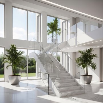Bright modern interior featuring a white marble staircase with glass railings and potted foliage