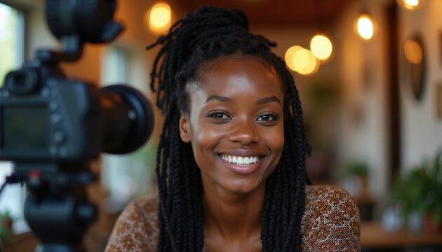 Young black woman smiles during interview inside cozy cafe. Professional female speaks to camera recording documentary content for social media news. Confident lady talks at indoor studio shoot.