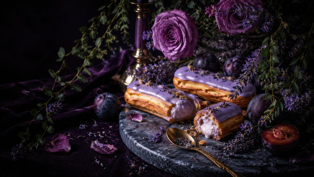 AI generated image of lavender eclairs on marble plate with purple roses and dark plums