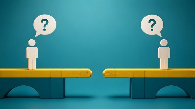 Two 3D figures with question mark bubbles separated by a broken bridge representing communication breakdown relationship barrier and conflict resolution dilemma