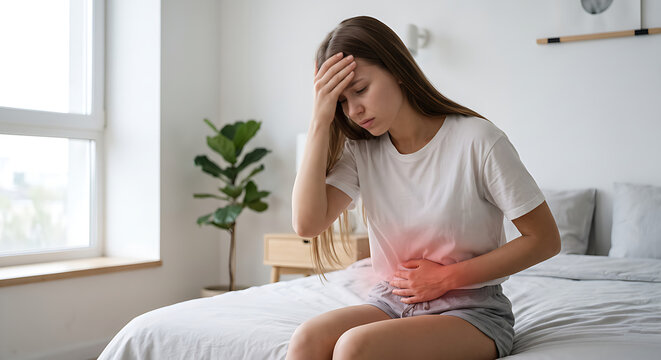 Young Woman Sitting on Bed Holding Painful Abdomen and Head with Menstrual Cramps Stomach Pain and Healthcare Concept at Home
