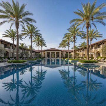 Grand resort architecture features a long reflecting pool lined with tall palm trees under a clear sky