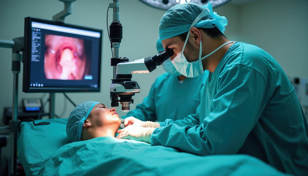 Surgeon uses microscope during sinus operation in hospital theater. Medical doctor performs endoscopic procedure on patient. Specialist looks through device lens monitor displays internal body