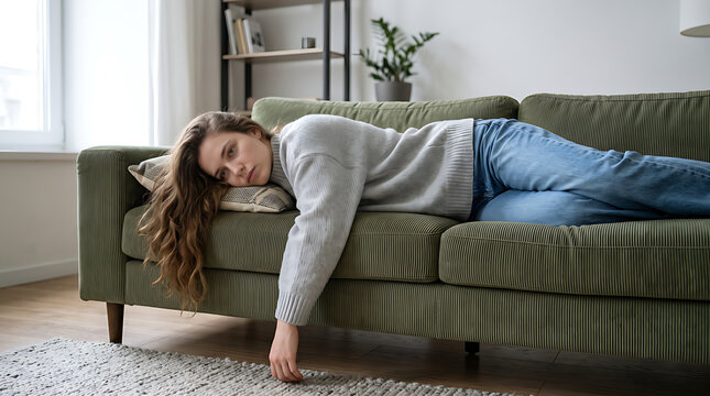 Exhausted Young Woman Lying on Sofa at Home Showing Burnout Fatigue Emotional Stress and Low Energy Lifestyle Concept