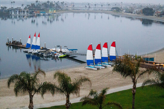 Docked sailboats at late wee hour, Sail Bay in San Diego, California